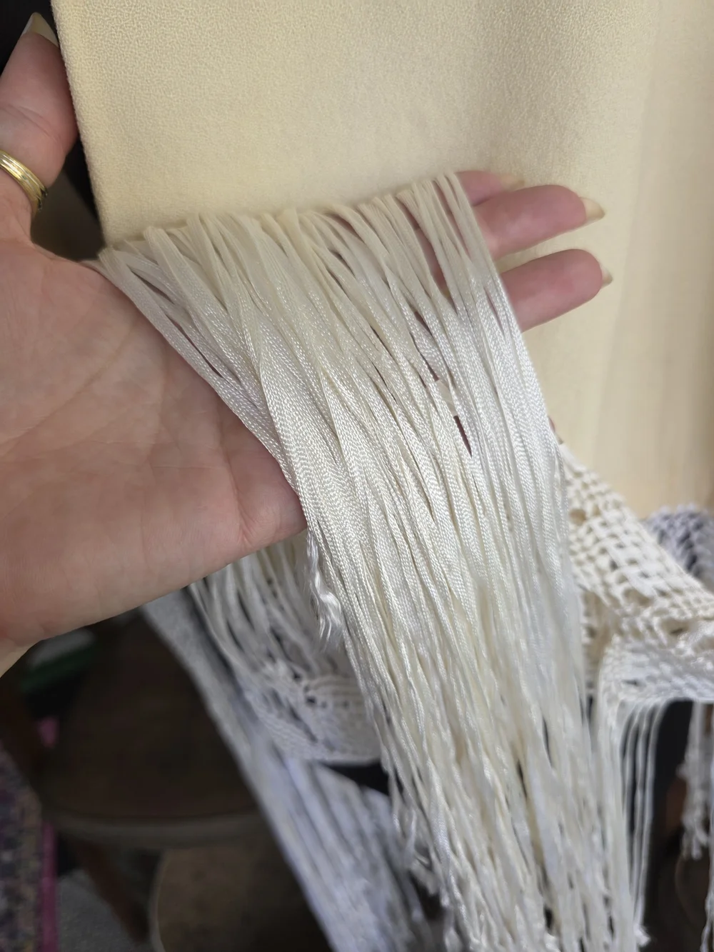 Vintage 70s Dramatic Fringe Wrap Boho Hippie Cream Shawl with White Fringe